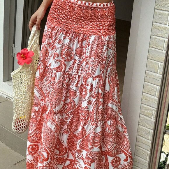 Red Boho Women's Bohemian Print Long Flared Skirt - Picture 6 of 6